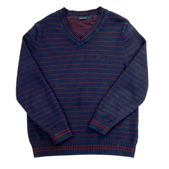 Nautica Navy Stripe V-Neck Pullover Sweater Thick 100% Cotton Long Sleeve Large - Picture 1 of 13